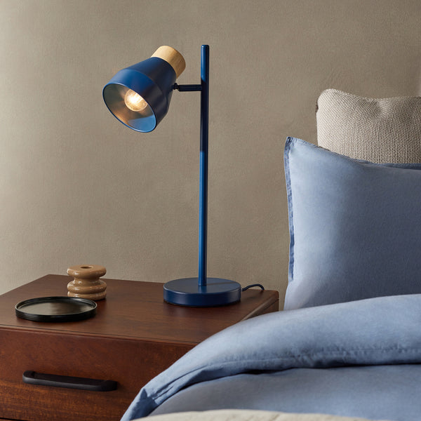 Albert Table Lamp in Navy Blue with Rubberwood Detail