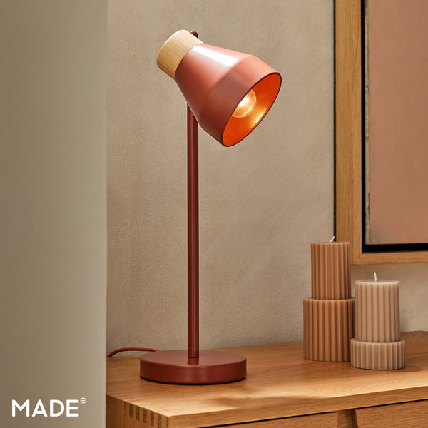 Albert Table Lamp in Terracotta with Rubberwood Detail