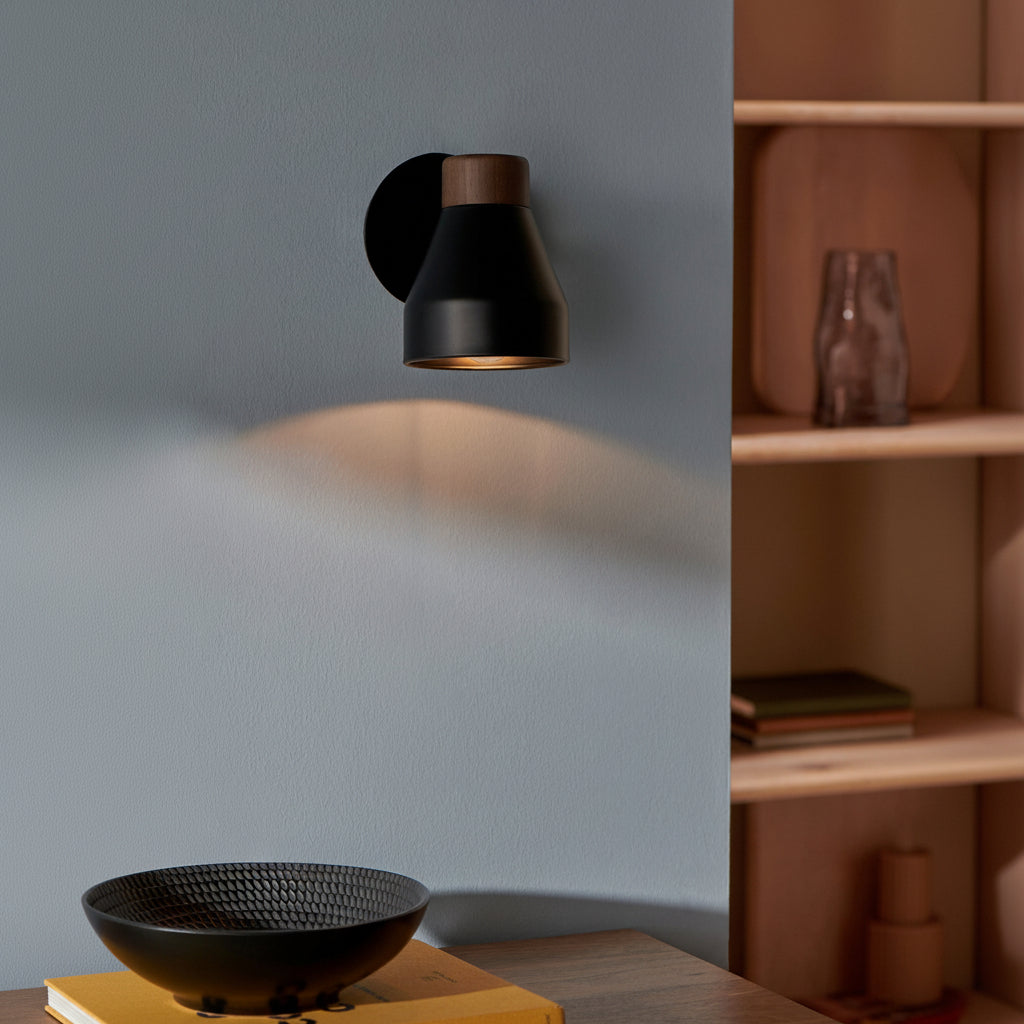 Albert Wall Spotlight in Matt Black with Rubberwood Detail