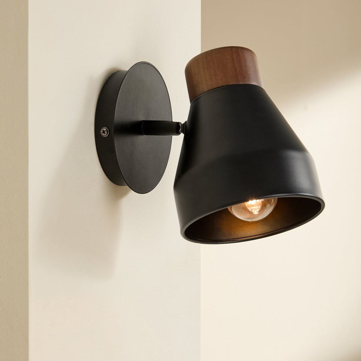 Albert Wall Spotlight in Matt Black with Rubberwood Detail