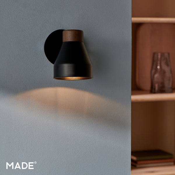 Albert Wall Spotlight in Matt Black with Rubberwood Detail