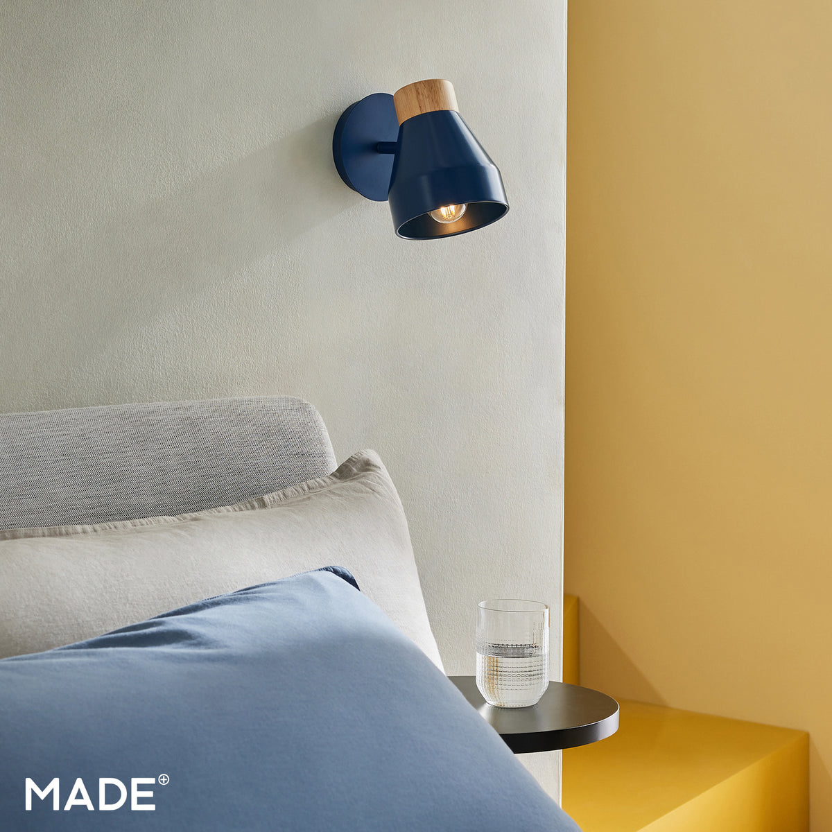 Albert Wall Spotlight in Navy Blue with Rubberwood Detail