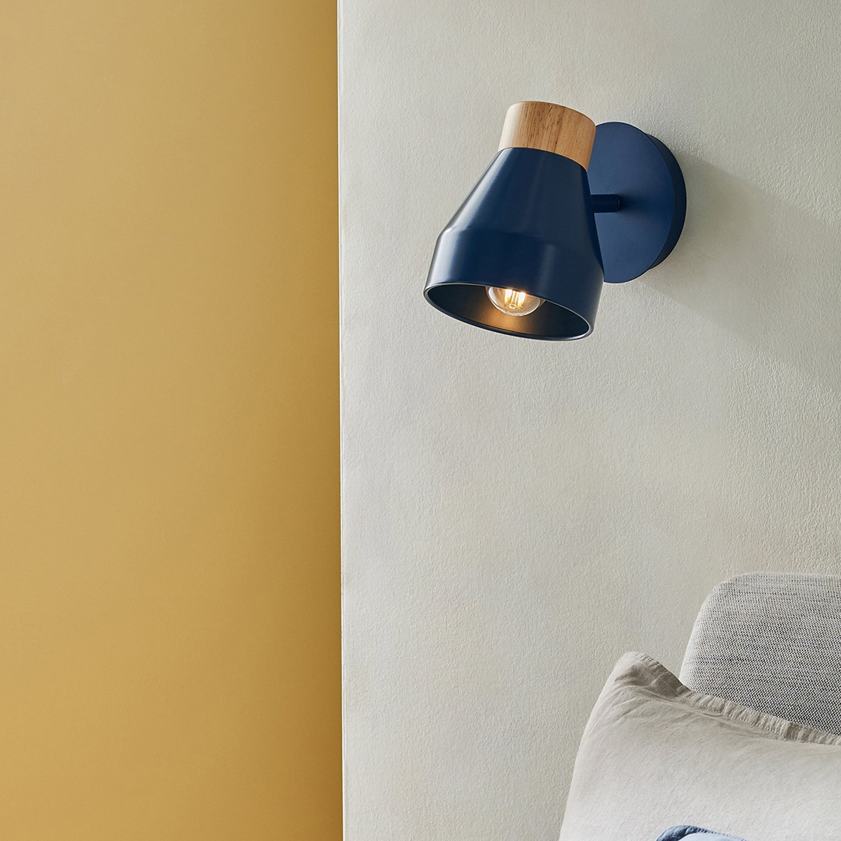 Albert Wall Spotlight in Navy Blue with Rubberwood Detail
