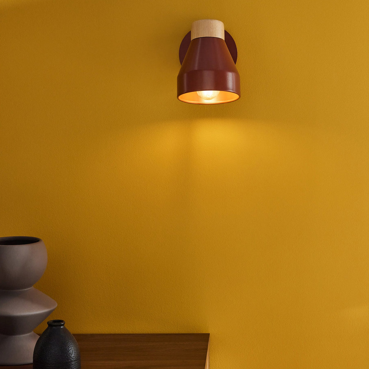 Albert Wall Spotlight in Terracotta with Rubberwood Detail