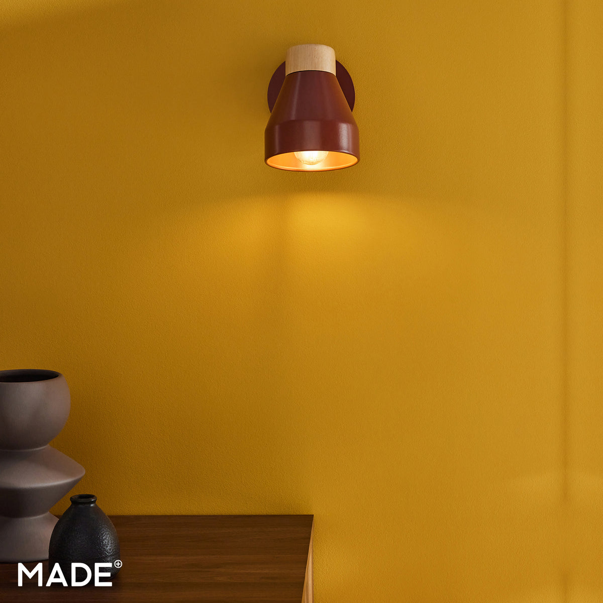 Albert Wall Spotlight in Terracotta with Rubberwood Detail