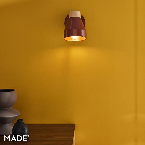 Albert Wall Spotlight in Terracotta with Rubberwood Detail