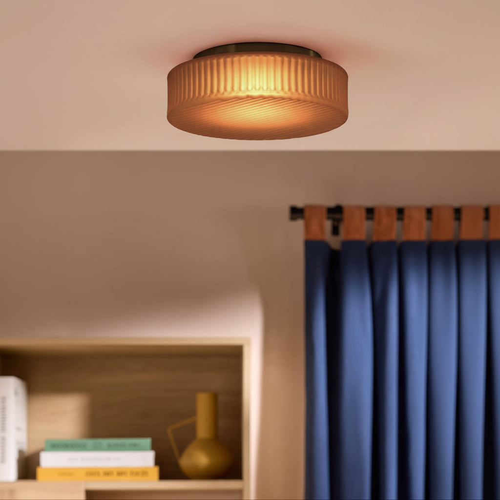 Alma Semi Flush LED Ceiling Light in Brushed Chrome with Amber Brown Glass Shade