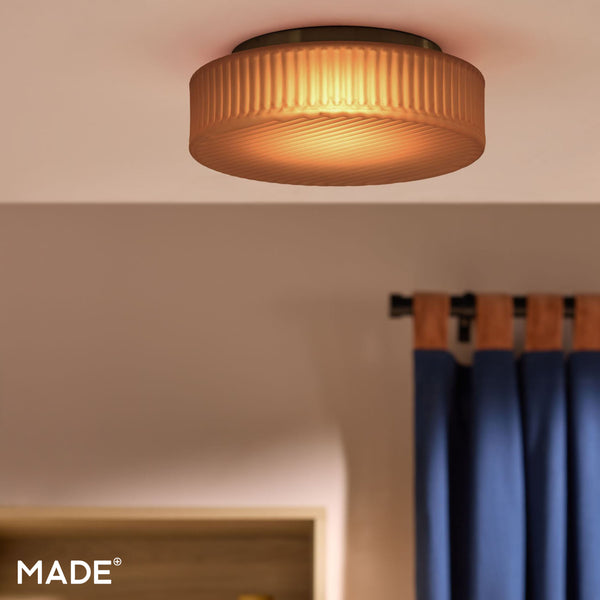Alma Semi Flush LED Ceiling Light in Brushed Chrome with Amber Brown Glass Shade