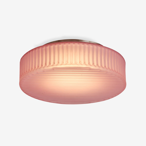 Alma Semi Flush LED Ceiling Light in Brushed Chrome with Pink Glass Shade
