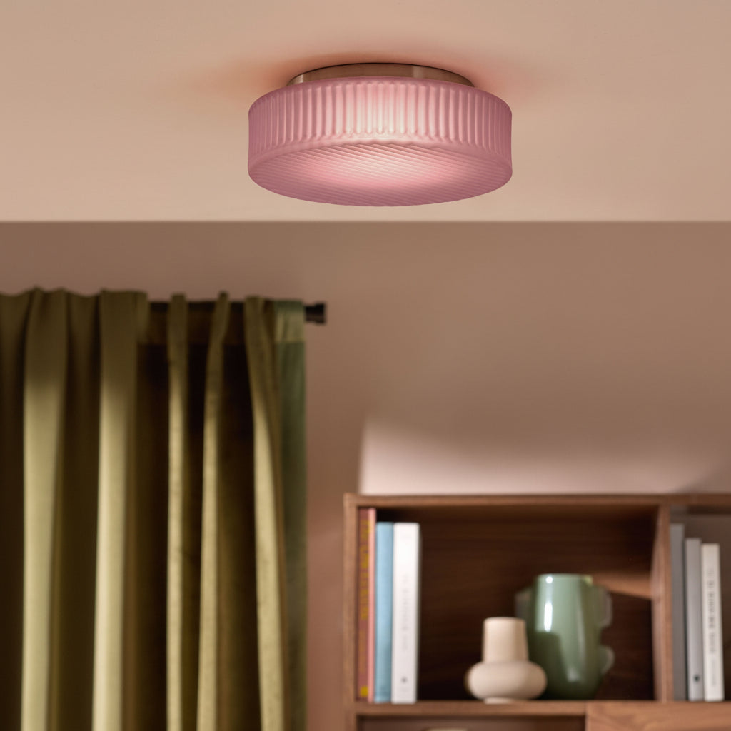 Alma Semi Flush LED Ceiling Light in Brushed Chrome with Pink Glass Shade