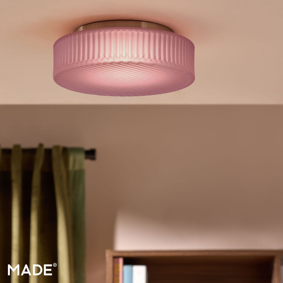 Alma Semi Flush LED Ceiling Light in Brushed Chrome with Pink Glass Shade