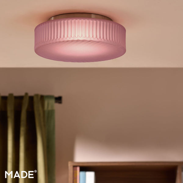 Alma Semi Flush LED Ceiling Light in Brushed Chrome with Pink Glass Shade