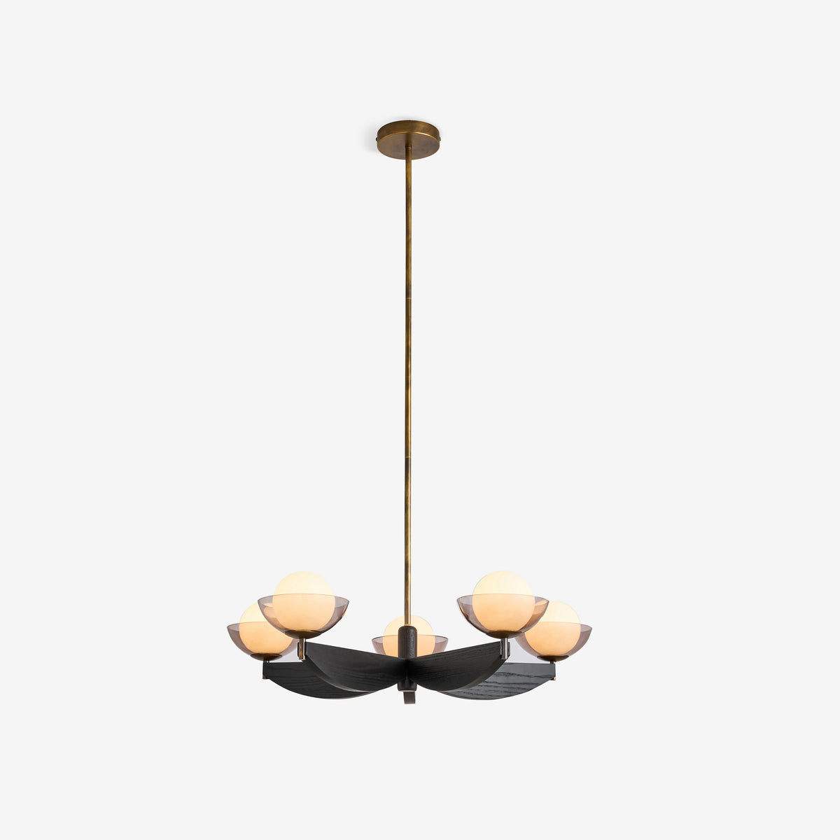 Layla 5 Light Pendant in Black Stained Ash Wood with Smoked & Opal Glass Shades