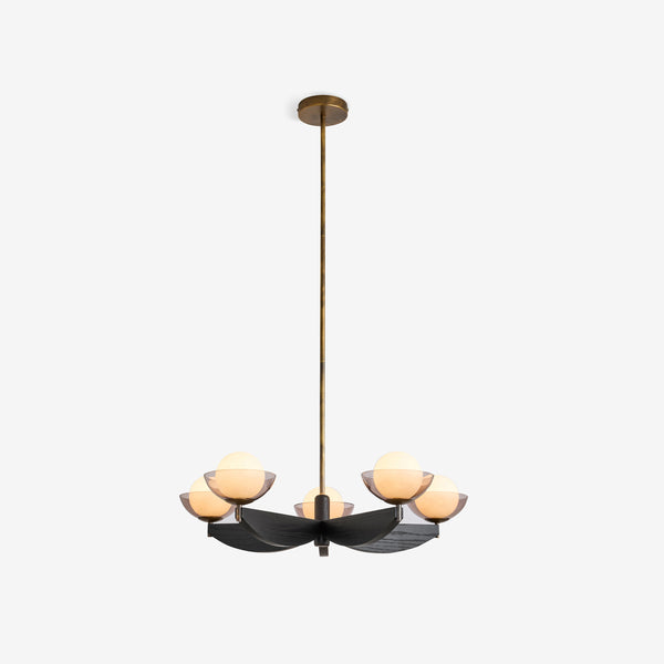 Layla 5 Light Pendant in Black Stained Ash Wood with Smoked & Opal Glass Shades