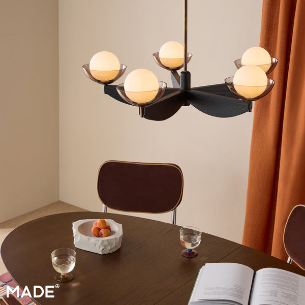 Layla 5 Light Pendant in Black Stained Ash Wood with Smoked & Opal Glass Shades