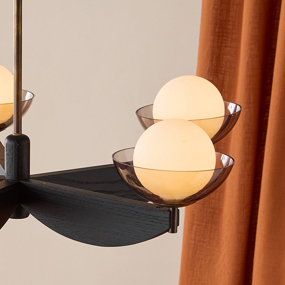 MADE.COM Layla 5 light pendant with black stained ash wood and smoked opal glass shades