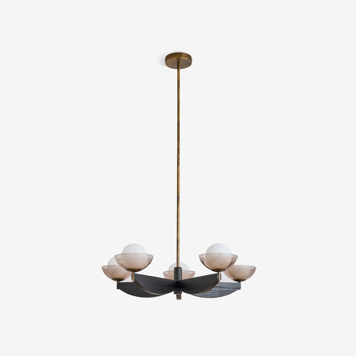 MADE.COM Layla 5 light pendant in black stained ash wood with smoked and opal glass shades
