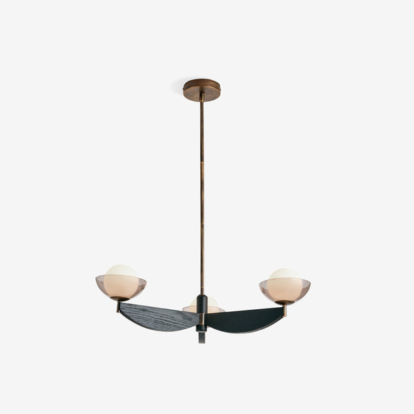 Layla 3 Light Pendant in Black Stained Ash Wood with Smoked & Opal Glass Shades