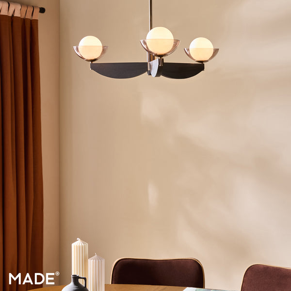 Layla 3 Light Pendant in Black Stained Ash Wood with Smoked & Opal Glass Shades