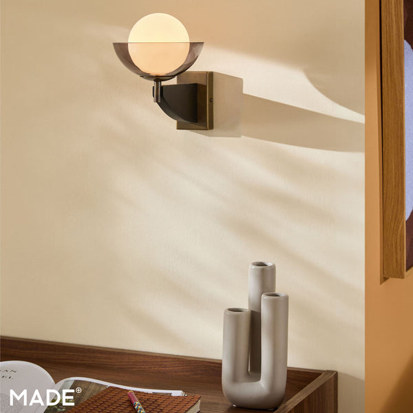 Layla Wall Light in Black Stained Ash Wood with Smoked & Opal Glass Shade