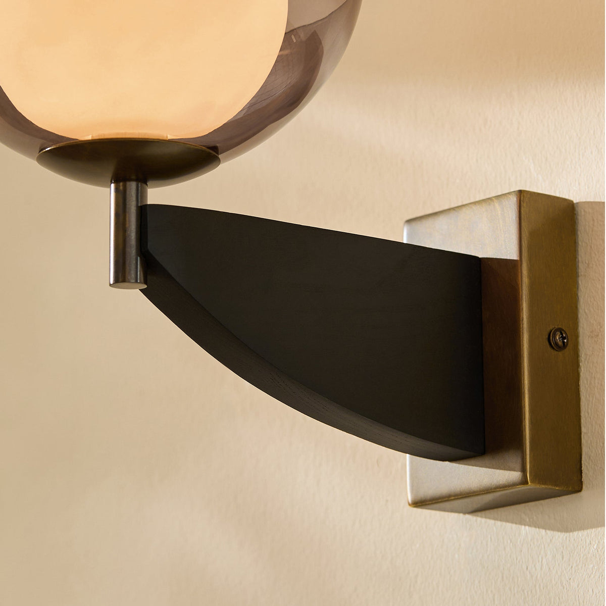 Layla Wall Light in Black Stained Ash Wood with Smoked & Opal Glass Shade