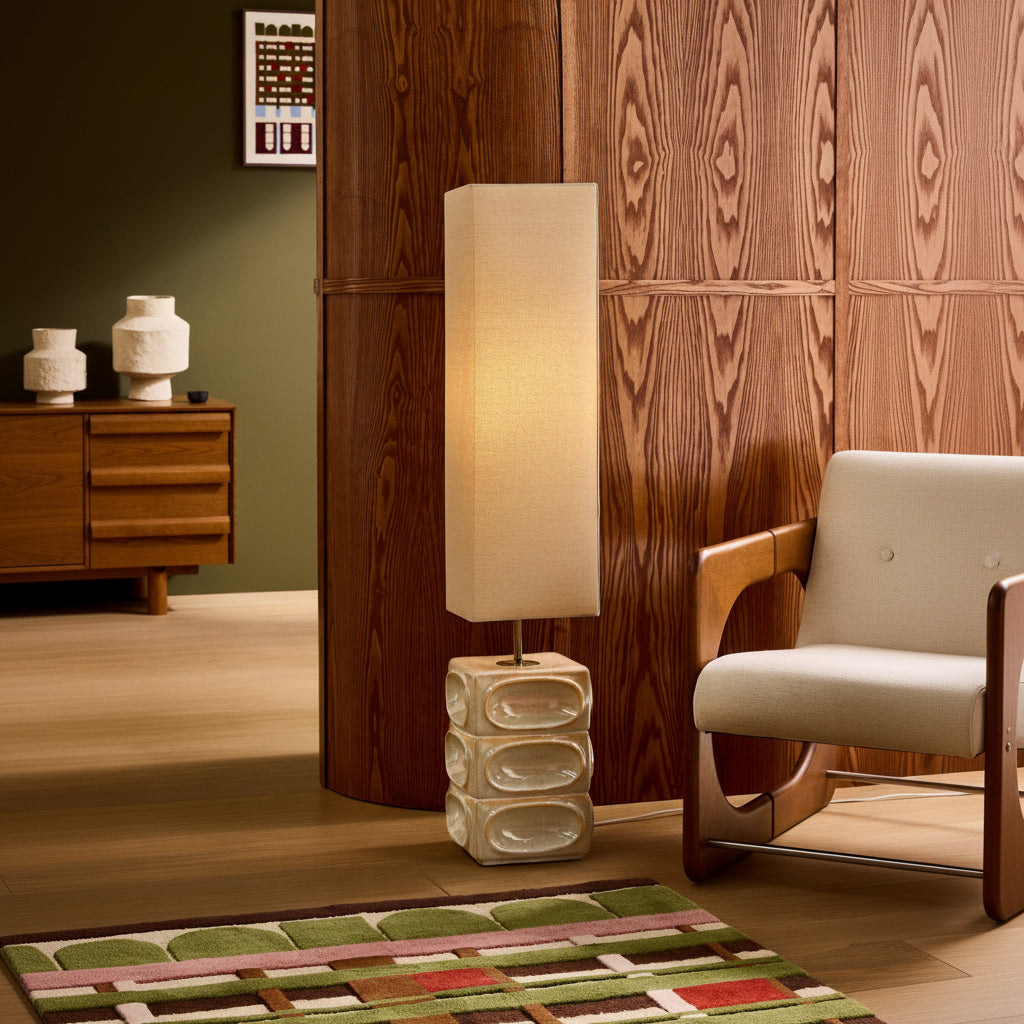 Nell Ceramic Floor Lamp in Cream with Square Linen Shade