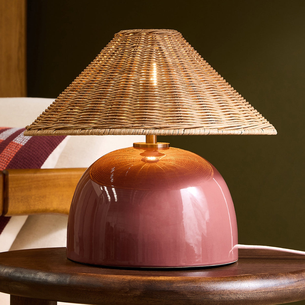 Nora Ceramic Table Lamp in Burgundy Red with Dark Rattan Shade