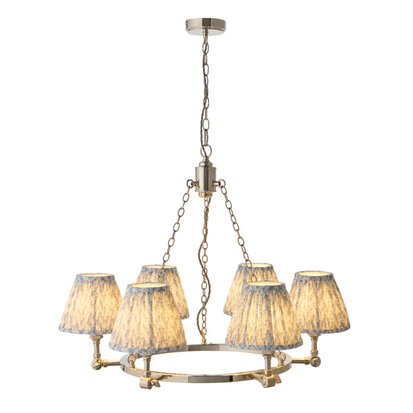 Arabella Six Light Pendant Chandelier in Nickel with Shell Bay Blue Leaf Shades