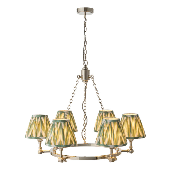 Arabella Six Light Pendant Chandelier in Nickel with Cotswold Green Zigzag Shades