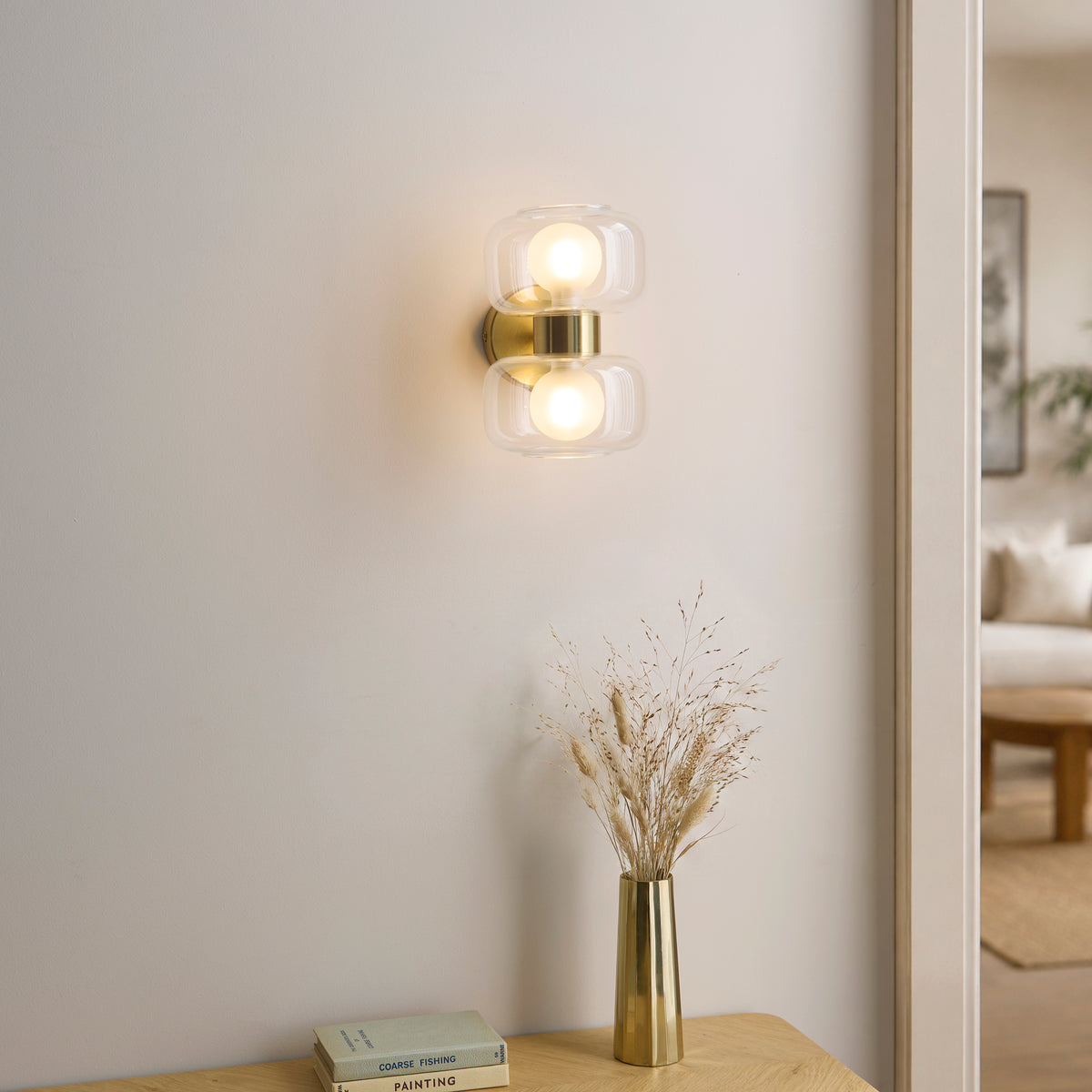 Rossano Up and Down Wall Light in Brass with Clear and Frosted Glass Shades