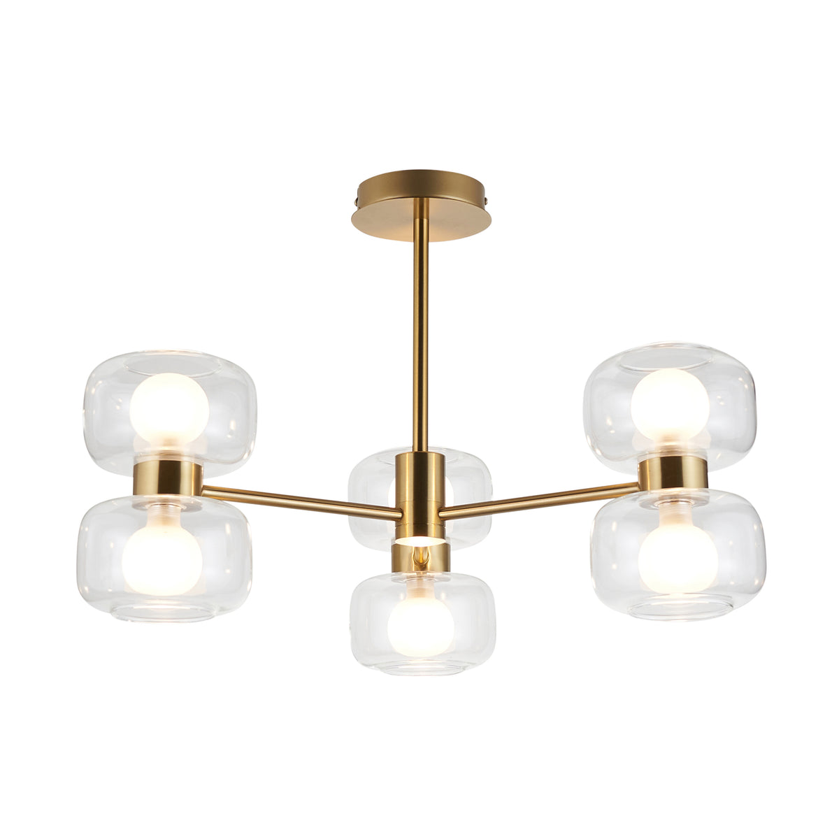 Rossano Six Light Semi Flush in Brass with Clear and Frosted Glass Shades
