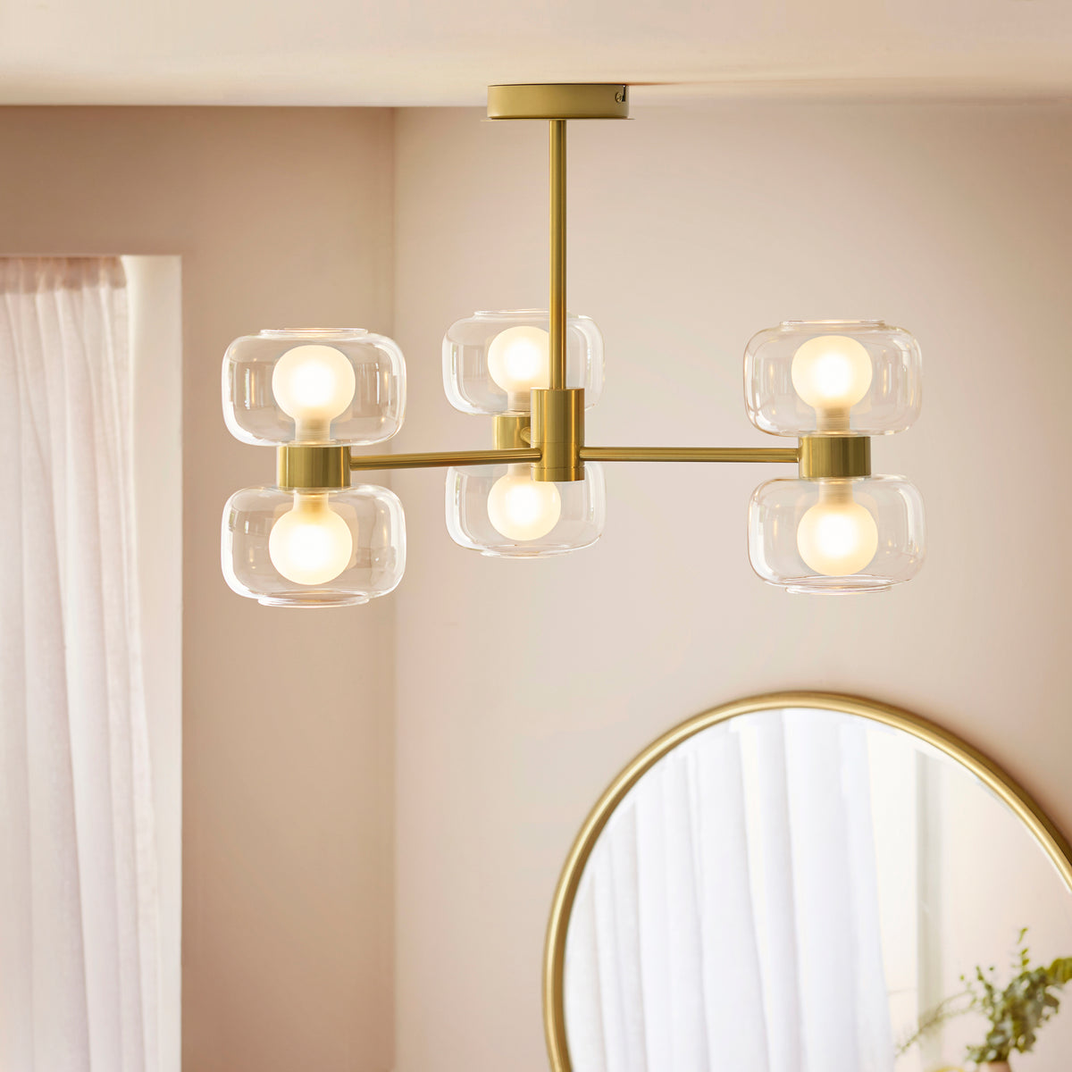 Rossano Six Light Semi Flush in Brass with Clear and Frosted Glass Shades