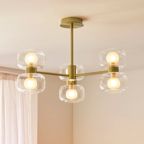 Rossano Six Light Semi Flush in Brass with Clear and Frosted Glass Shades