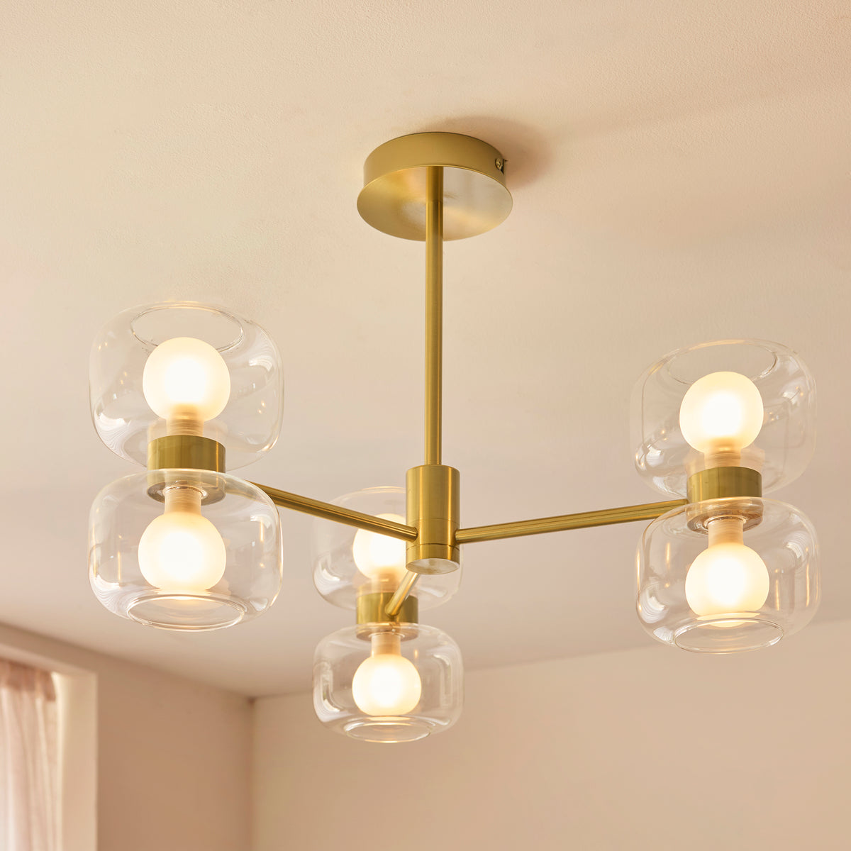 Rossano Six Light Semi Flush in Brass with Clear and Frosted Glass Shades