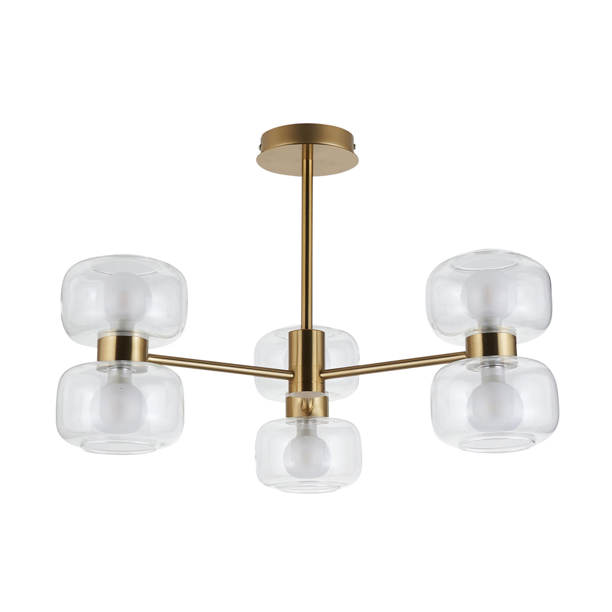 Rossano Six Light Semi Flush in Brass with Clear and Frosted Glass Shades