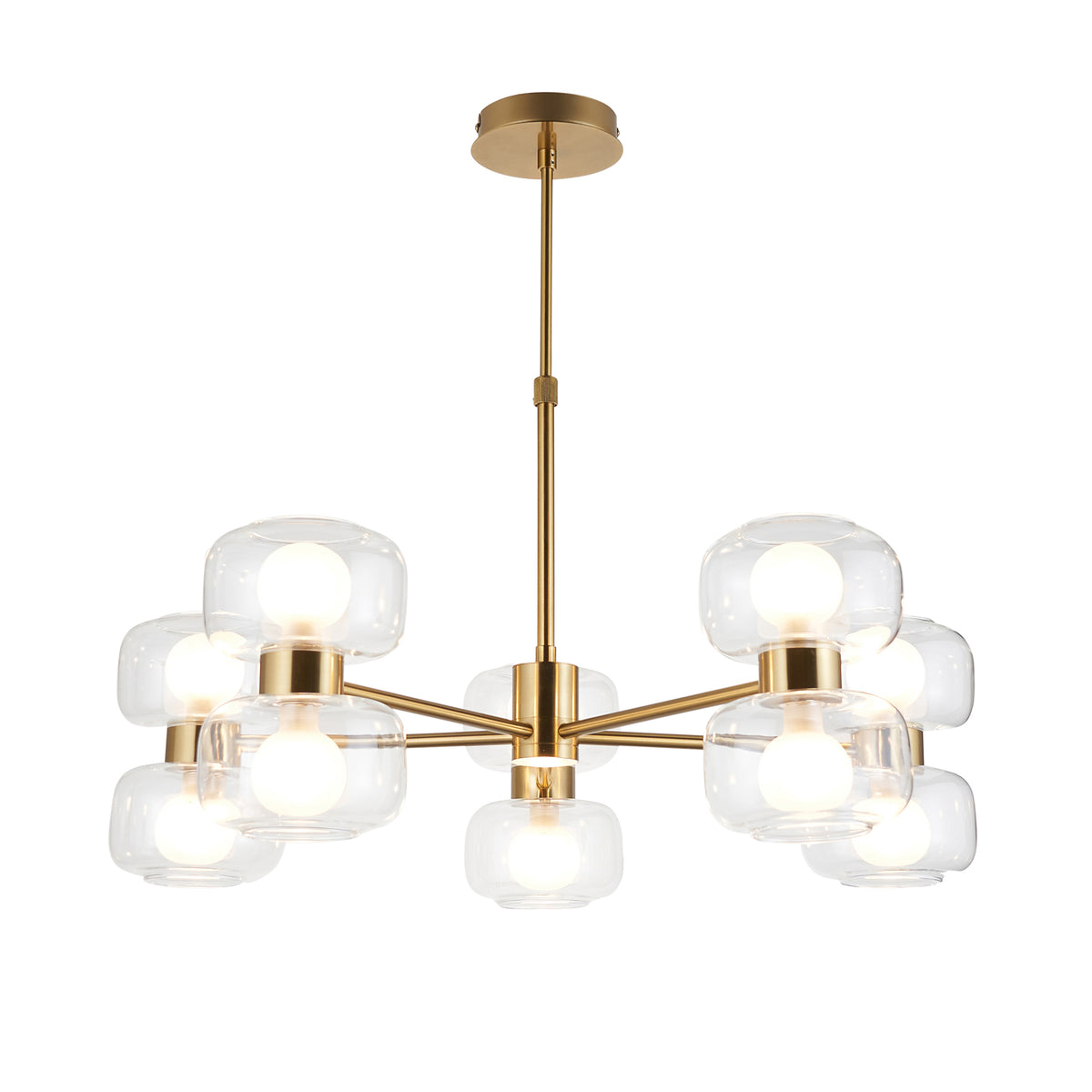 Rossano Ten Light Pendant Chandelier in Brass with Clear and Frosted Glass Shades