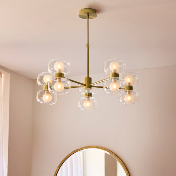 Rossano Ten Light Pendant Chandelier in Brass with Clear and Frosted Glass Shades
