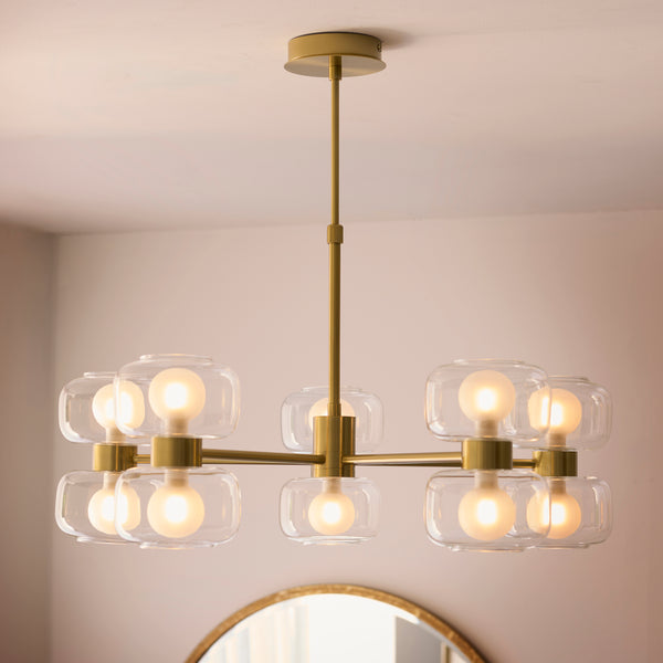 Rossano Ten Light Pendant Chandelier in Brass with Clear and Frosted Glass Shades