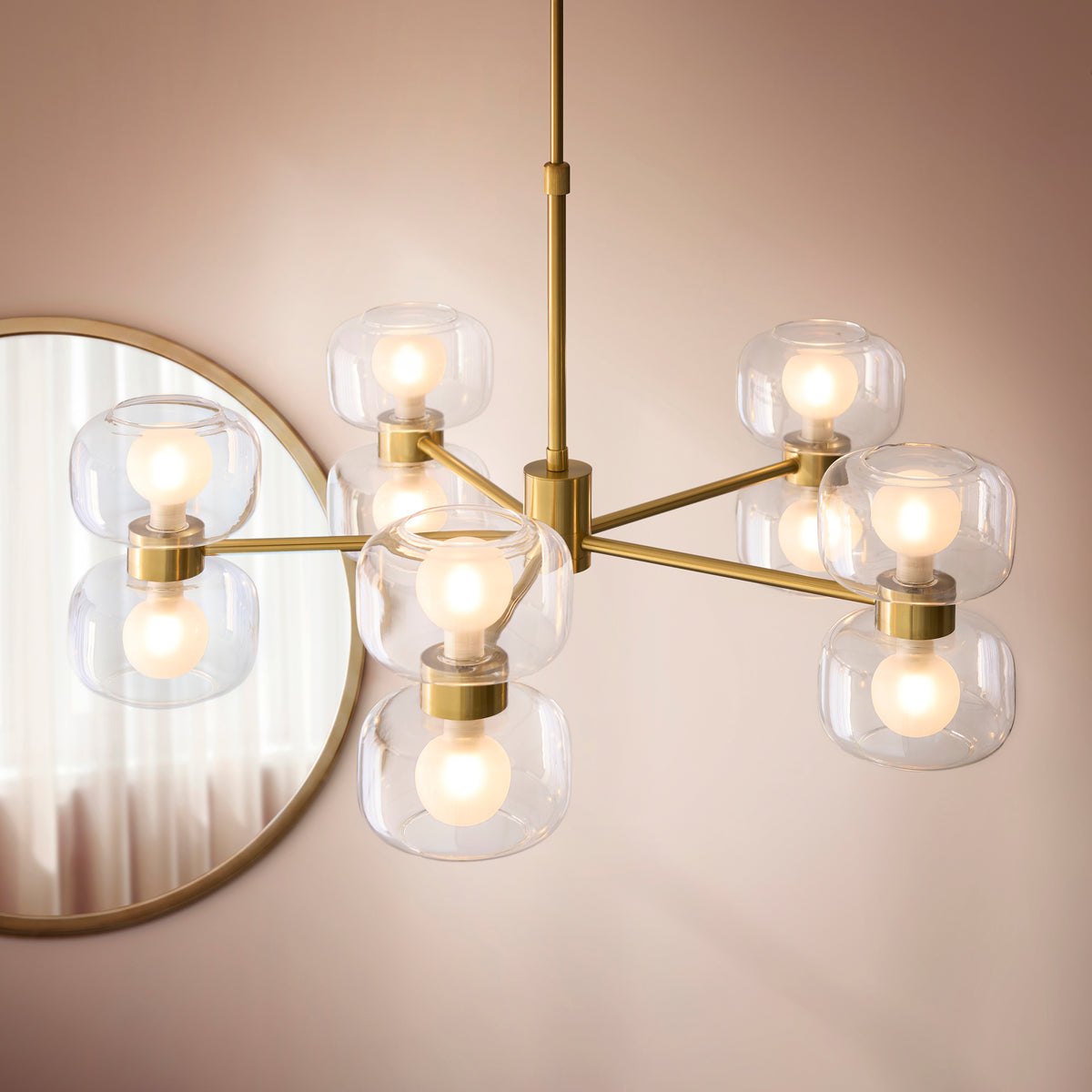 Rossano Ten Light Pendant Chandelier in Brass with Clear and Frosted Glass Shades