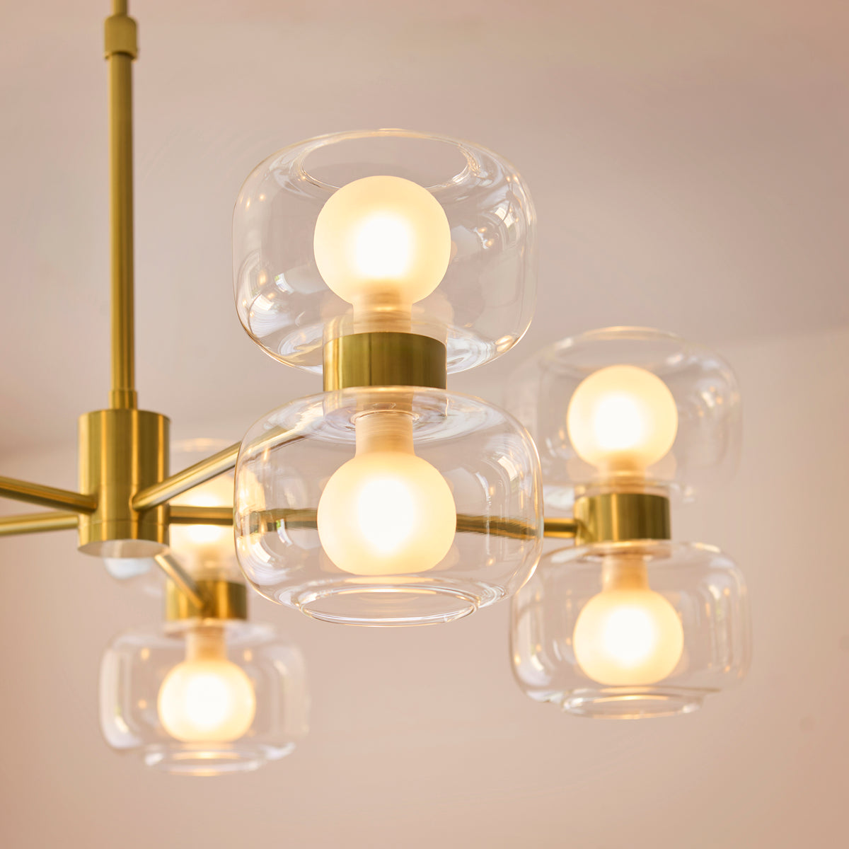 Rossano Ten Light Pendant Chandelier in Brass with Clear and Frosted Glass Shades