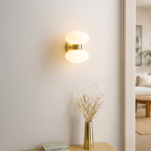 Rossano Up and Down Wall Light in Brass with Opal Glass Shades