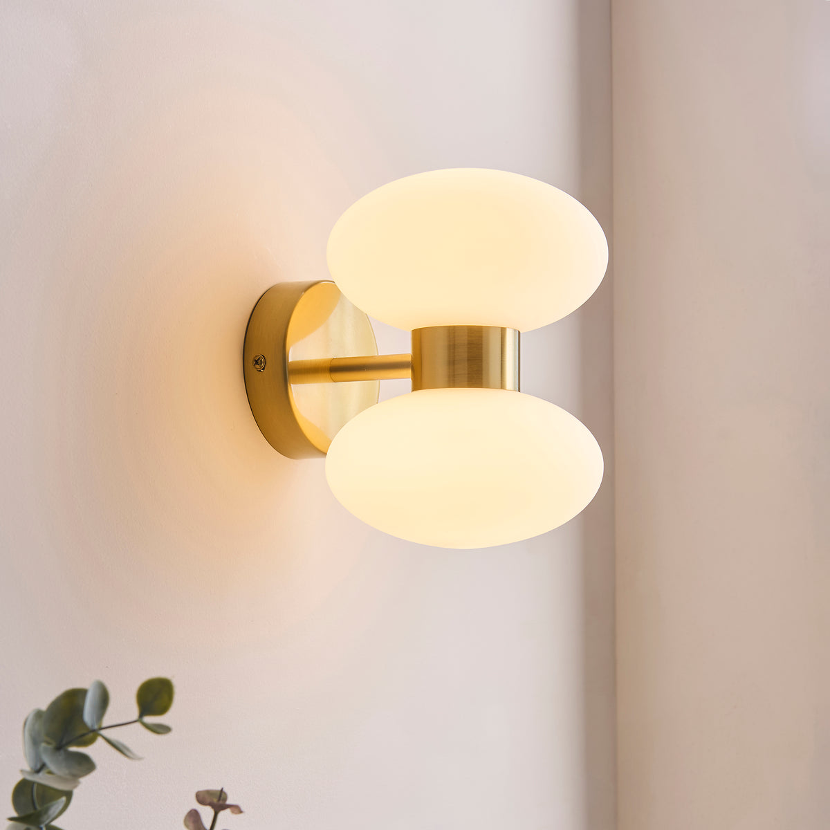 Rossano Up and Down Wall Light in Brass with Opal Glass Shades
