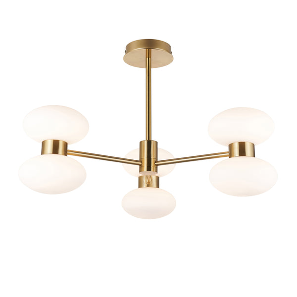 Rossano Six Light Semi Flush in Brass with Opal Glass Shades