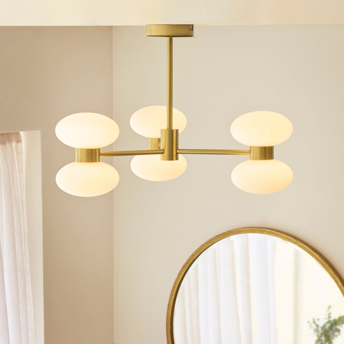 Rossano Six Light Semi Flush in Brass with Opal Glass Shades