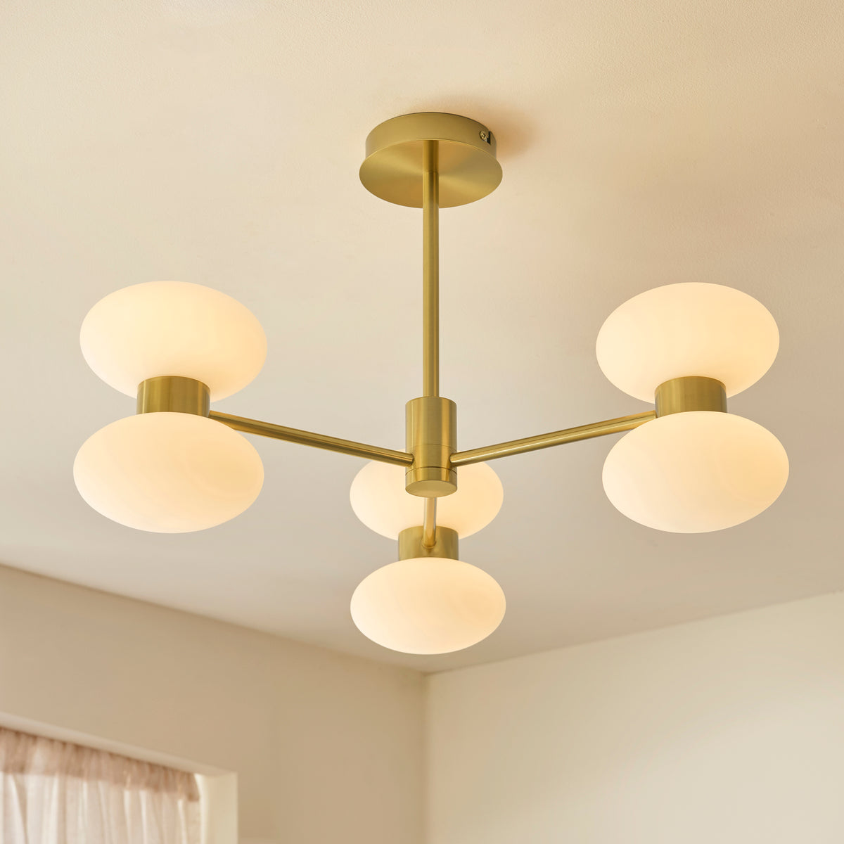 Rossano Six Light Semi Flush in Brass with Opal Glass Shades
