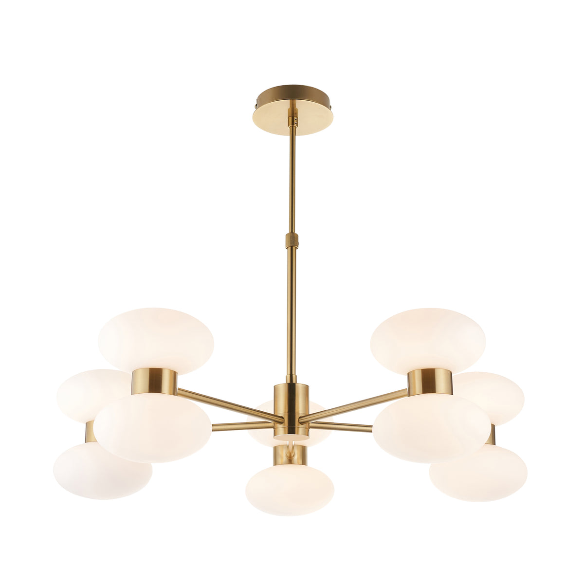 Rossano Ten Light Pendant Chandelier in Brass with Opal Glass Shades