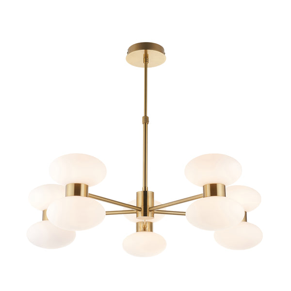 Rossano Ten Light Pendant Chandelier in Brass with Opal Glass Shades
