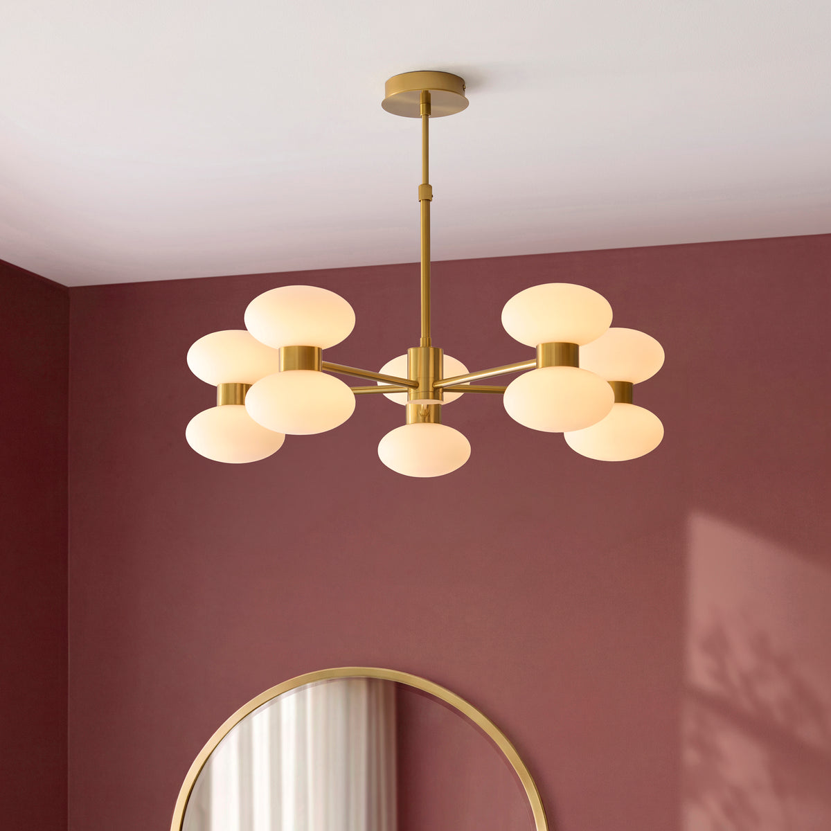 Rossano Ten Light Pendant Chandelier in Brass with Opal Glass Shades