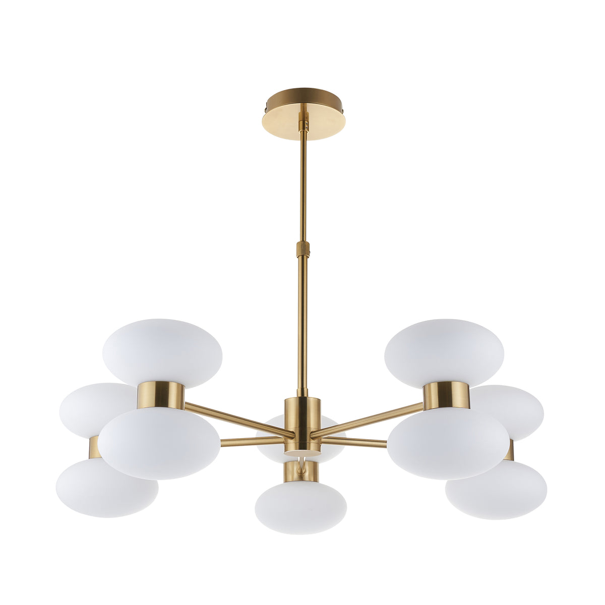 Rossano Ten Light Pendant Chandelier in Brass with Opal Glass Shades