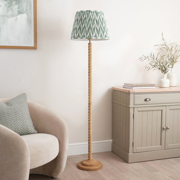 Timeless Traditions by Endon Twist floor lamp with a Cotswold green zigzag shade